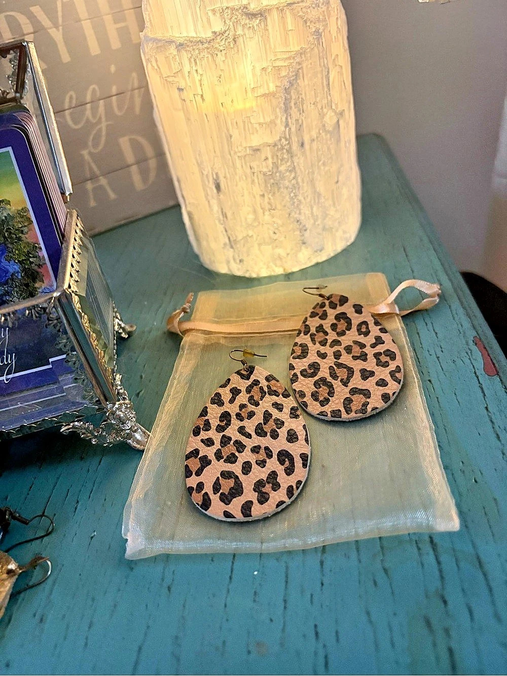 Leopard Print Dangle Earrings from Eleven10Leather - 3”